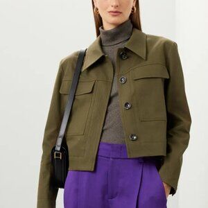 Tory Burch Cropped Lined Cotton Jacket, Over Sized Patch Pockets, Dark Olive